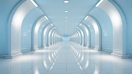 A long hallway with white and blue walls. Generative AI.