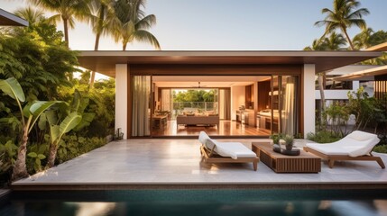 Fototapeta premium Embrace the tropical climate of Miami by incorporating architectural elements like open - air spaces, large windows, and a seamless indoor outdoor flow