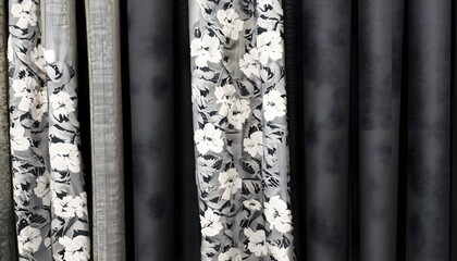 Black curtains fabric white flowers design texture background , Ai generated 