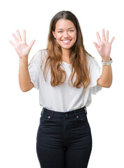 Young beautiful brunette business woman over isolated background showing and pointing up with fingers number ten while smiling confident and happy.