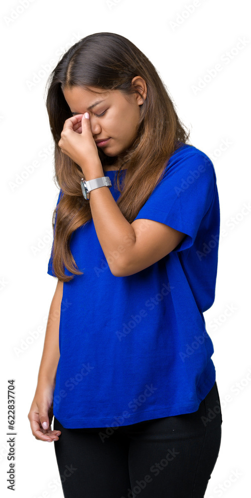 Sticker young beautiful brunette woman wearing blue t-shirt over isolated background tired rubbing nose and 