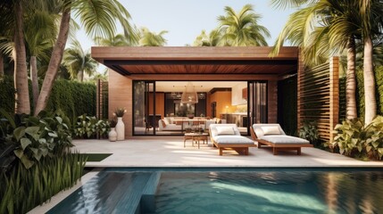 Fototapeta premium Embrace the tropical climate of Miami by incorporating architectural elements like open - air spaces, large windows, and a seamless indoor outdoor flow