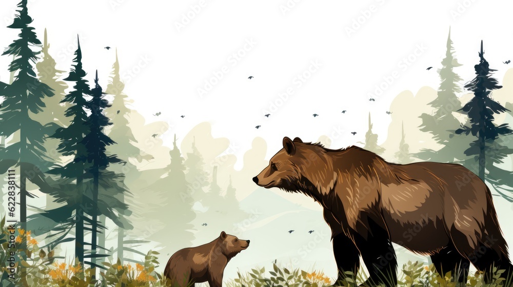 Wall mural A bear and her cub in the woods. Generative AI image. - Wall murals