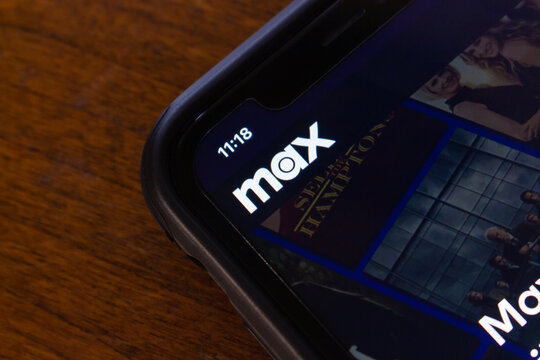 Vancouver, CANADA - Jul 12 2023 : Closeup logo of Max (rebranded from HBO Max) seen in its website on iPhone screen. Max is an US subscription video on-demand streaming service
