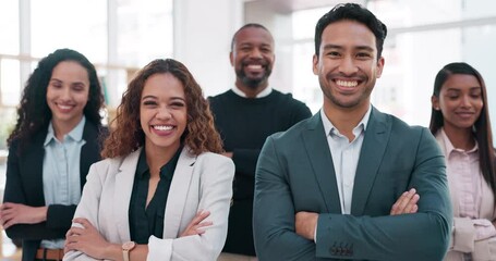 Business people, team and happy portrait in a corporate office with a smile and arms crossed. Diversity men and women together for teamwork, motivation and mission for collaboration and solidarity