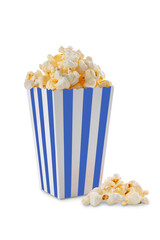 Blue white striped carton bucket with tasty cheese popcorn, isolated on transparent background,...