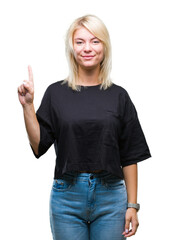 Young beautiful blonde woman over isolated background showing and pointing up with finger number one while smiling confident and happy.