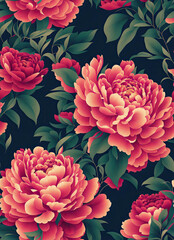 Seamless peony flowers and leaves pattern flat design created with Generative AI technology