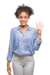 Young afro american woman over isolated background showing and pointing up with fingers number four while smiling confident and happy.