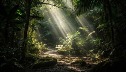 Tranquil scene in tropical rainforest, mystery revealed generated by AI