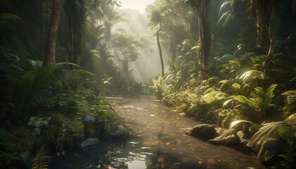 Tranquil scene in wet tropical rainforest mystery generated by AI
