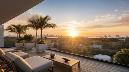 Fototapeta na wymiar Designated sunset viewing deck on the upper levels of your villa, providing a perfect spot to witness the breathtaking Miami sunset