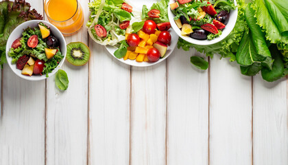 Fresh salad with fruits and greens on white wooden background top view with space for text. Healthy food.