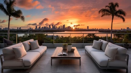Fototapeta premium Designated sunset viewing deck on the upper levels of your villa, providing a perfect spot to witness the breathtaking Miami sunset