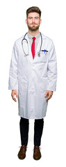 Fototapeta premium Young handsome doctor man wearing medical coat puffing cheeks with funny face. Mouth inflated with air, crazy expression.