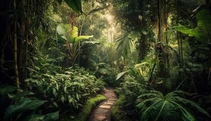 Tranquil footpath through lush tropical rainforest adventure generated by AI - obrazy, fototapety, plakaty