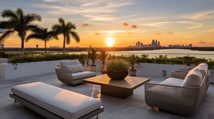 Obraz premium Designated sunset viewing deck on the upper levels of your villa, providing a perfect spot to witness the breathtaking Miami sunset