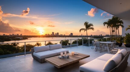 Fototapeta premium Designated sunset viewing deck on the upper levels of your villa, providing a perfect spot to witness the breathtaking Miami sunset