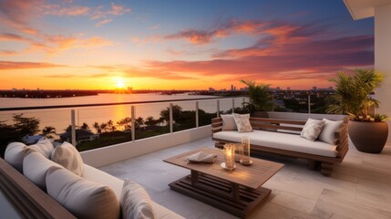 Fototapeta na wymiar Designated sunset viewing deck on the upper levels of your villa, providing a perfect spot to witness the breathtaking Miami sunset