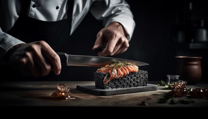 The gourmet chef hand slices fresh sashimi generated by AI