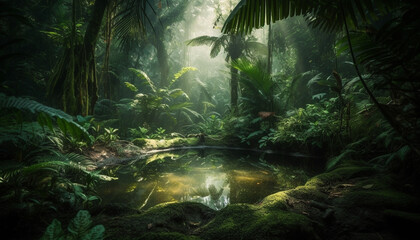 Tranquil scene in tropical rainforest, animals roam generated by AI