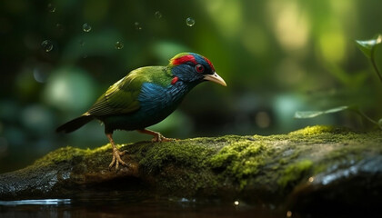 Fototapeta premium Endangered male bird perches on green branch generated by AI
