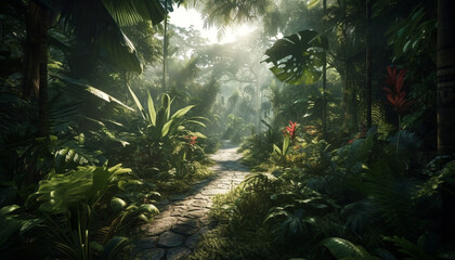 Tranquil footpath winds through tropical rainforest beauty generated by AI