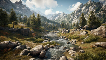 Fototapeta premium Majestic mountain range reflects tranquil sunlight on water generated by AI