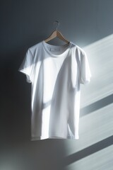 White T-Shirt on a Light White Background, Accentuated by Naturalistic Shadows, Conveying a Clean and New Aesthetic