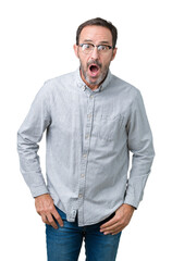 Handsome middle age elegant senior man wearing glasses over isolated background afraid and shocked with surprise expression, fear and excited face.