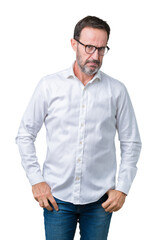 Handsome middle age elegant senior business man wearing glasses over isolated background skeptic and nervous, frowning upset because of problem. Negative person.