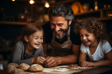 Fototapeta na wymiar Father and children cooking on the kitchen. Generative AI