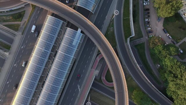 Aerial drone top view of highway multilevel junction in urban populated area, Warsaw, Poland