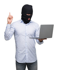 Business hacker man holding a computer laptop surprised with an idea or question pointing finger...