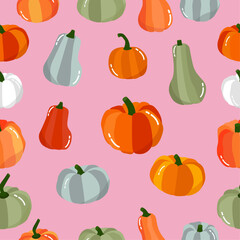 Cute delicious pumpkins seamless pattern with pink background. Hello autumn, thanksgiving background. Beautiful flat cartoon texture for wallpaper, textile, fabric, paper