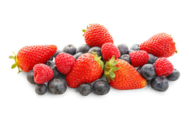 Ripe blueberry, strawberry and raspberry on white background