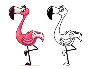 Cartoon flamingo on one leg stock vector illustration, Flamingo bird carton style stock vector image, colored and black and white line artwork