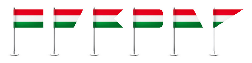 Realistic various Hungarian table flags on a chrome steel pole. Souvenir from Hungary. Desk flag made of paper or fabric, shiny metal stand. Mockup for promotion and advertising. Vector illustration