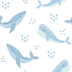 Seamless pattern with cute whales. Creative children's texture in Scandinavian style. Whales in pastel colors. Suitable for fabric, textiles, clothes for newborns. Marine theme. Vector illustration. © Hanna Bykova