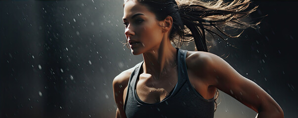 Female athlete or sprinter run in front of camera. sprinting through water drops.