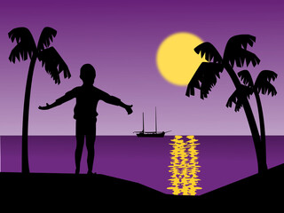 The silhouette of a person standing by the sea and holding out his arms, in the moonlight.
