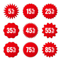 Price tags collection, special offer or shopping discount label with percent, discount percentage value. Red retail paper sticker. Promotional sale badge. Vector illustration