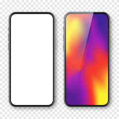 Smartphone with blank touch screen and abstract colorful background, wallpaper. Frameless mobile phone in front view. High quality detailed device mockup. Vector illustration