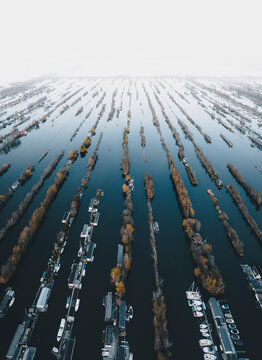 Aerial view of houses on the water, Scheendijk, Netherlands.