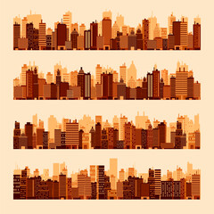 City silhouettes. Cityscape, town skyline, horizontal panorama. Midtown, downtown with various buildings, houses and skyscrapers. Vector illustration