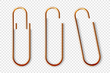 Realistic copper paperclip attached to paper isolated on white background. Shiny metal paper clip, page holder, binder. Workplace office supplies. Vector illustration