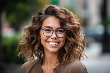 Happy smiling attractive woman wearing glasses portrait looking at the camera