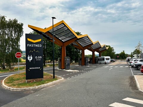 dijon, france - June 18 2023: an electric car charging station along a french highway