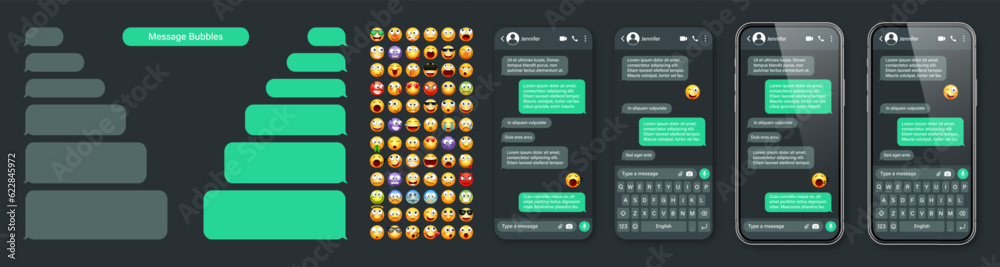 Wall mural smartphone messaging app, user interface with emoji. sms text frame. chat screen, green message bubb