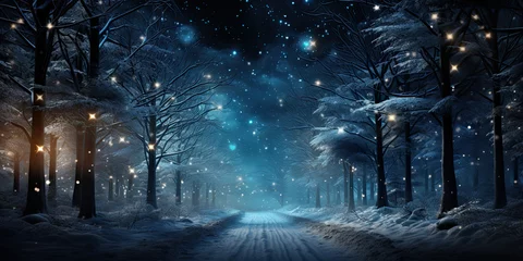 Tuinposter A snowy road in the middle of a forest at night. Generative AI. © tilialucida